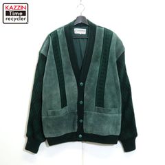 80s vintage DEERSKIN 総柄 レザー切り替え ニットカーディガン メンズ 表記XLサイズ