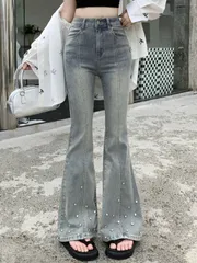 【新品未使用】DAZY パール付きフレアデニムパンツ グレー