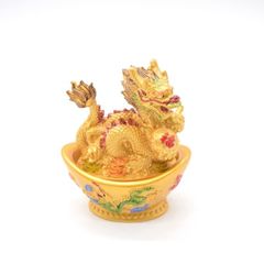 龍 小物入れ 元宝台座 聚宝盆 瓢箪 樹脂製置物 金色 11cm