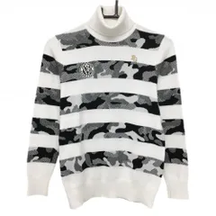 【超美品】パーリーゲイツ タートルネックセーター 白×ネイビー カモフラ調ボーダー  レディース 0(S) ゴルフウェア PEARLY GATES