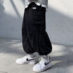 メンズ 秋冬フラップポケット ドローストリング カーゴパンツ ブラック 大人気