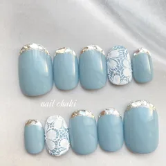 オーダーネイルチップ　シンデレラのガラスフレンチネイル　ブライダル　ウェディング　結婚式　花嫁　クラシカル　レース　お花　フラワー　白