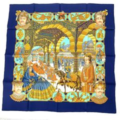 新品同様 HERMES エルメス スカーフ カレ90 MAHARAJAS マハラジャ シルク ネイビー