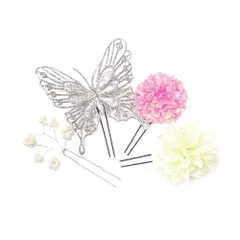 髪飾り 成人式 振袖 前撮り 袴 花 ４点セット シルバー ピンク ラメ 蝶 蝶々 浴衣 髪型 ヘアスタイル ヘアアレンジ 和装 着物 No.9-3745