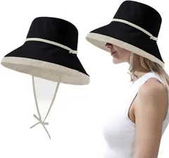 Turkalla UVカット 帽子 レディースハット2way 両面用 小顔効果 ワイヤー入り 3D立体感 小顔効果UPF50+ 紫外線対策 つば広 日焼け防止( ブラック,  Free Size)