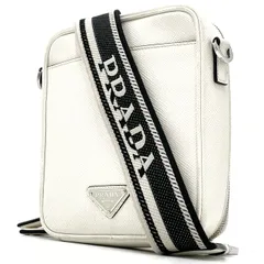 【良品】 PRADA プラダ ショルダーバッグ トートバッグ 三角ロゴプレート トライアングル エンボス加工 ボーダーライン 白タグ 総柄 サフィアーノ レザー 肩掛け 斜め掛け メンズ ホワイト 白色