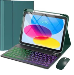 新品 マウス付き iPad 10.2インチ 第9/8/7世代 キーボードケース 7色バックライト付き Air3 Pro10.5 キーボード カバー 上側 ペンホルダー付き マグネット 分離式 おしゃれ，深緑+黒