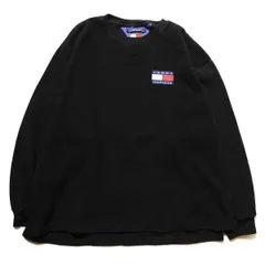 90's トミーヒルフィガー クルーネック フリーストップ 黒 (L) ブラック ロゴパッチ 90年代 旧タグ オールド ビッグサイズ Y2K　アメリカ古着 USED  ビンテージ ヴィンテージ