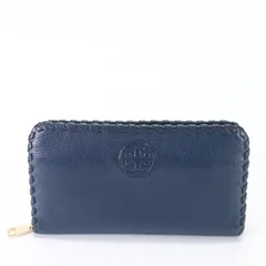 美品 トリーバーチ ロゴ レザー 長財布 ロング ウォレット ラウンドファスナー ネイビー ステッチ メンズ レディース ENT え8-13【中古】のサムネイル