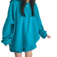 [ReiLuana] Tシャツ 長袖 レディース ゆったり 無地 シャツ トップス 部屋着 ルーム ウエア (JP, アルファベット, L, ブルー) [ブルー] [L]