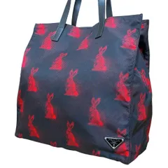 希少 レア 極美品 プラダ PRADA トートバッグ ハンドバッグ ウサギ ラビット うさぎ 総柄 三角ロゴ トライアングル ナイロン 肩掛け ブラック レッド 黒 赤