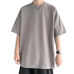 Tシャツ メンズ スリット 半袖 夏秋 薄手 大きいサイズ ゆったり カジュアル シンプル 無地 (L, グレー) [グレー] [L]