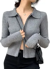 Four leaf おしゃれ ニット トップス カーディガン セーター カットソー レディース ジップアップ 長袖 襟付き セクシー 無地 服 リブニット リブ編み ジップカーディガン ニットカーディガン(グレー,  Free Size)