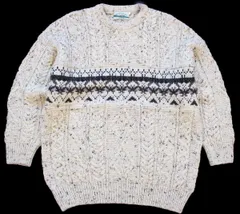 アイルランド製 aran crafts ケーブル編み×フェアアイル柄 ネップ入り ウールニット セーター ナチュラル L★フィッシャーマン アラン