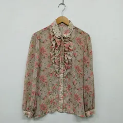 pierre cardin ピエールカルダン リボンタイ フリル シフォン シアー シースルー 長袖 シャツ ブラウス 総柄 花柄 80s 90s レトロ 古着 vintage レディース サイズ 85 LH20