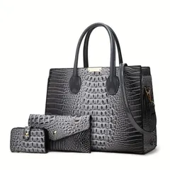 3点セット  フォーマルバッグ グレー クロコダイル風バッグ ハンドバッグ A4  ビジネス ビジネスバッグ バッグ エレガント ショルダー 財布 高級 フォーマル 卒業式 入学式
