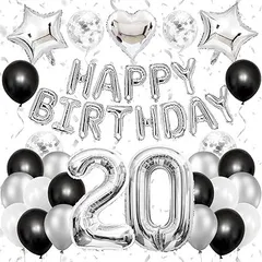 【在庫処分】誕生日 バルーン 20歳 バースデー 飾り付け 風船 大きい数字バルーン happy birthday ガーランド 紙吹雪風船 誕生日パーティー 男の子 女の子 シルバー ブラック