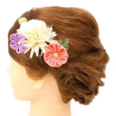 髪飾り 成人式 つまみ細工 振袖 前撮り 袴 浴衣 夏祭り 花火大会 豪華2点セット 白 紫 薄紫 ピンク コーラルピンク 黄緑 ファ No.9-4244