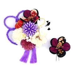 髪飾り 成人式 つまみ細工 赤 振袖 前撮り 袴 2点セット 花 ちりめん 紫 白 黒 ゴールド 組紐 房 パール ビーズ ラインストー No.12-0648