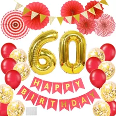 【在庫処分】風船 大きい HAPPY BIRTHDAY 飾り付け 赤とゴールド 紙吹雪風船 誕生日 大人 数字バルーン ペーパーファン 女性 60歳 男性 デコレーション 還暦祝い バースデーバルーンパーティーお祝い飾り付けセット