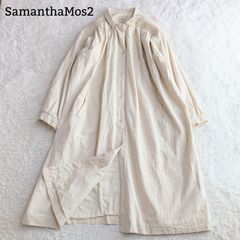 【美品】サマンサモスモス SamanthaMos2 スモッキングコート リネン混 スプリングコート 麻 ワンピース アウター 羽織物 レース タック入り ロング丈 アイボリー F フリーサイズ
