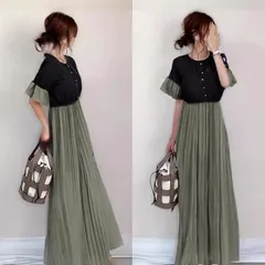 ワンピース レディース 即購入OK 半袖 ロングワンピース 配色 体型カバー 夏 お呼ばれ 上品 ゆったり 可愛い カジュアル  シンプル 体型カバー きれいめ 大人 xzzhang597