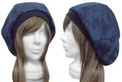 ◇送料無料◇　ハンドメイド◆ゆったりルーズ・リブ付ベレー帽◆迷彩柄ジャガード織ニット／ネイビー系　◇小顔効果・長いシーズン着用◇