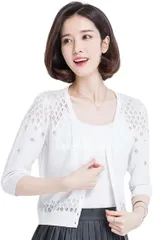 Dep Club ボレロ レディース 夏 シアーカーディガン レース ショート丈 薄手 uvカット 日焼け防止 長袖ボレロ 透かし編み ニット カーデガン 羽織 羽織り シースルー メッシュ(ホワイト,  Free Size)