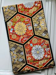 袋帯 正絹 / 金赤黒色系 ブラック系 / 亀甲柄 菊 青海波 幅約31cm 着物帯 TCS着物 W46