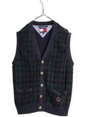 【お得なクーポン配布中!】 90s トミーヒルフィガー ブラックウォッチ チェック ニット ベスト メンズ レディース S オールド TOMMY HILFIGER コットン 重ね着 前開き