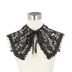 ☆ A：ブラック ☆ レース付け襟 ビッグカラー リボン yklacecollar2 つけ襟 レース リボン 付け襟 つけえり レース襟 レースカラー フェイクカラー レディース ビッグカラー クロシェ編み おしゃれ シンプル モノトーン かわいい 可愛い