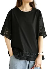 ririka リリカ カットソー レース Tシャツ 5分袖 ラウンドネック ドロップショルダー ゆったりレディース フリー 黒( ブラック,  Free Size)