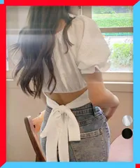 新品 ブラウス オフショルダーブラウス バックリボン夏服 大人可愛いブラウス 短丈ブラウス ギャルボリュームスリーブ 【送料無料】