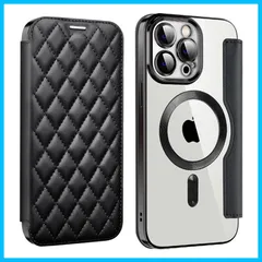 【数量限定】iPhone15Pro 手帳 Max Max ケース ケース 女性 チェエック 可愛い 格子柄 クリア 背面透明 ゴージャス キルティング カード収納 MagSafe対応 財布型 手帳型 Pro (iPhone15ProMax 15 黒) iPho
