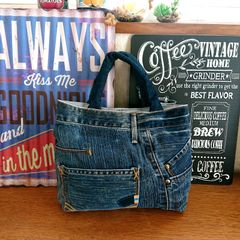 117★USEDダメージデニムリメイク トートバッグ ジーパンリメイク ジーンズリメイク サブバック★