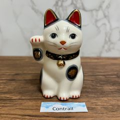 薬師窯 菊花 招き猫(右手上げ・緑・小) 置物 縁起物 開運招福 商売繁盛 Yakushigama Maneki Neko Lucky Cat