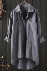 【グレー】チュニック ブラウス 長袖 体型カバー シャツ 白 ゆったり オーバーサイズ 大人カジュアル リネン シワ加工 春 夏 秋