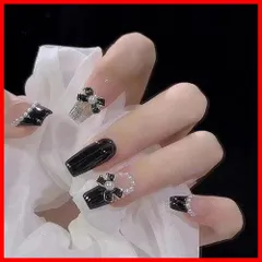 【即発送】キラキラ おしゃれ 地雷系 おしゃれ 韓国 量産型 人気ネイルチップ 長めネイルチップ 偽の爪 手作り 付け爪 24枚入 ネイルシール ネイルアート DIYネイル 黒 ユニーク 大人魅力 自宅 つけ爪 DIYネイルチップ 両面テープ付き 付け方簡単