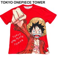 東京ONEPIECEタワー ワンピース 麦わらの一味 ルフィ アニメT 尾田栄一郎 キャラクターグッズ 赤 メンズ レディース Tシャツ Lサイズ