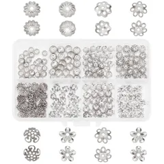 【即日発送】手作り ネックレス イヤリング DIY飾り物 手芸用品 ピアスパーツ ジュエリー用 アクセサリーパーツ 花状 フラワー スペーサービーズ 透かしキャップ カラフル シルバー 8種 ビーズ 304ステンレスースチール 座金 約320個 花座 ビーズキ