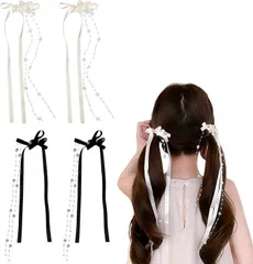 リボン ヘアピン【4個セット】リボン ヘアクリップ リボン 髪飾り 可愛い 蝶結び 髪留め ヘアアクセサリー 結婚式 誕生日 入学式 発表会 成人式 卒業式 パーティー 浴衣 花火大会 子供 レディース (白+黒)