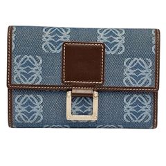 【真贋判定済】LOEWE ロエベ アナグラム 三つ折り財布 ブラウン×ブルー×S金具 ウォレット B041035LHN