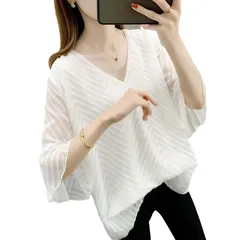 【新品】 [JLBOCMGT] ブラウス レディース シフォン シャツ 七分袖 トップス Vネック フレアスリーブ 透け感 ファッション カジュアル ゆったり 着痩せ エレガント オフィス 通勤 春 夏 秋 0