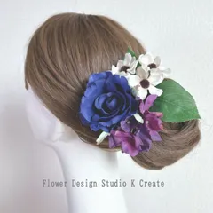 青い薔薇とオフホワイトのアネモネの髪飾り 　紺　ネイビー　紫　パープル　紫陽花　バラ　アネモネ　髪飾り　ウェディング　結婚式　ヘッドドレス