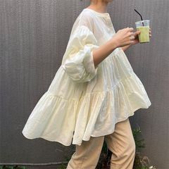 フレアブラウス ボリューム袖ブラウス レディース 春夏 チュニック ティアードブラウス 七分袖 パフスリーブ スタンドカラーブラウス 大き