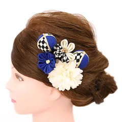 髪飾り 成人式 振袖 浴衣 卒業式 袴 結婚式 5点セット 紺 白 市松 花 和 洋 かんざし 手作り 簪 つまみ細工 ちりめんフォーマル 花飾り 玉飾り ブライダル W 38 303-296 紺 白 p745　Si
