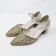 パンプス ベージュ 結婚式 チャンキーヒール 花柄 カットデザイン ラメ グリッター アンクルストラップ ポインテッドトゥ レディース haremode 3426