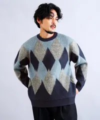 新品 未使用 JIGGYS SHOP(ジギーズショップ)モヘアタッチアーガイルクルーネックニットセーター 217564 ネイビーのサムネイル
