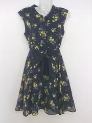 ◇ ◎ PEYTON PLACE 花柄 比翼仕立て フレンチスリーブ ミニ ワンピース サイズM ネイビー イエロー系 レディース P  【中古】 【1210050009208】