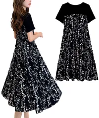 [グリーンパキラ] 夏 ワンピース レディース 大きいサイズ 半袖 花柄 フラワー柄 夏服 カジュアル tシャツ切り替え Aライン シフォン 春 春服 リゾート 膝下 低身長 フレア リボン 黒 丸首 可愛い わんぴー (XL [ブラック] [XL] [標準]